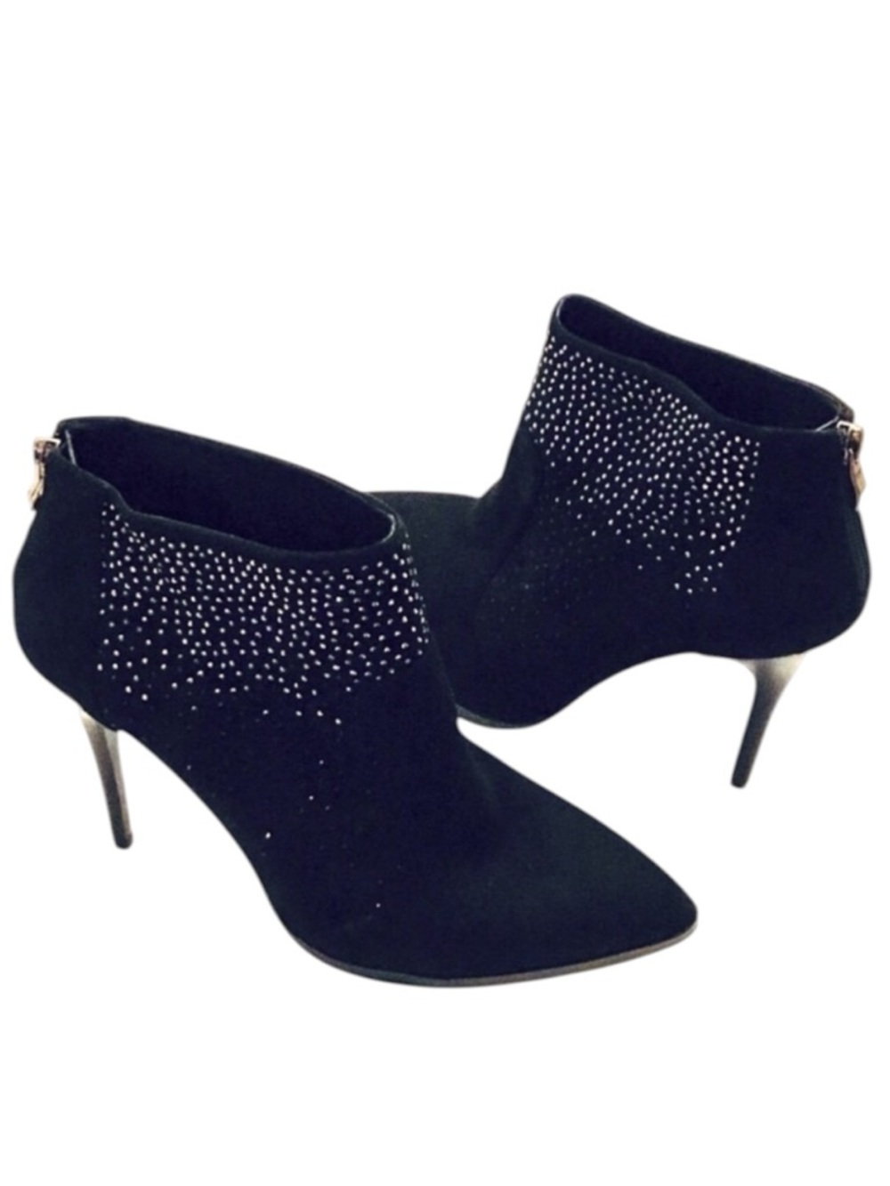 Black Rhinestone Studded Suede Ankle Booties Stiletto Heel Zip Boots Size-EU 41